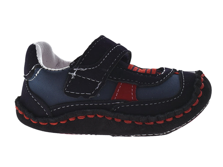 Zapatos para bebé color azul índigo con detalles en rojo y cierre de velcro.