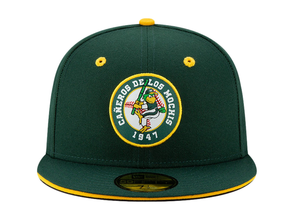 Gorra de béisbol New Era color verde oscuro con detalles amarillos y logo de Cañeros de Los Mochis.