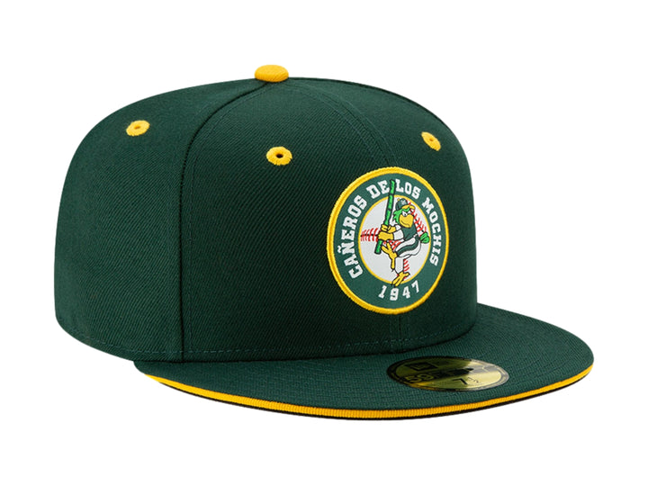 Gorra de béisbol New Era color verde oscuro con detalles amarillos y logo de Cañeros de Los Mochis.