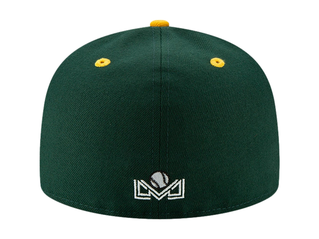 Gorra de béisbol New Era color verde oscuro con detalles amarillos y logo de Cañeros de Los Mochis.