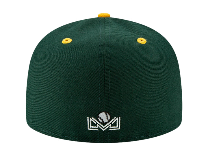 Gorra de béisbol New Era color verde oscuro con detalles amarillos y logo de Cañeros de Los Mochis.