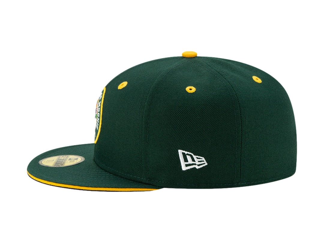 Gorra de béisbol New Era color verde oscuro con detalles amarillos y logo de Cañeros de Los Mochis.