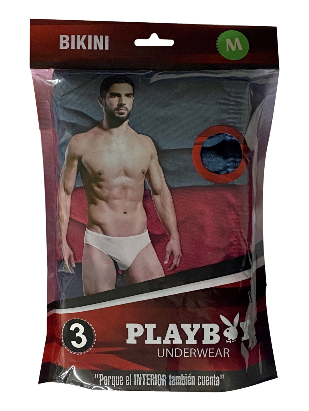 Empaque de 3 trusas tipo bikini marca Playboy en colores surtidos.