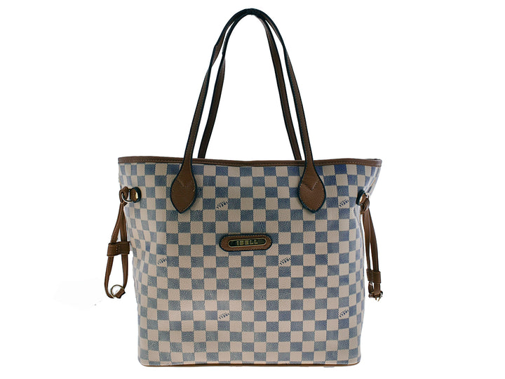 Bolsa tote para mujer con estampado de cuadros en beige y azul y detalles en color café.