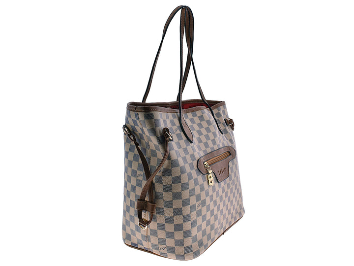 Bolsa tote para mujer con estampado de cuadros en beige y azul y detalles en color café.
