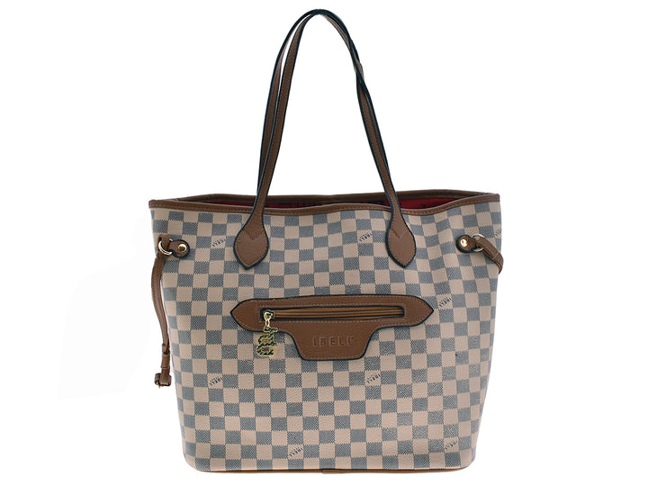 Bolsa tote para mujer con estampado de cuadros en beige y azul y detalles en color café.