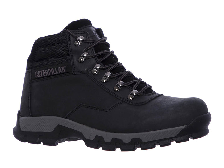 Bota de cuero negro Caterpillar con suela robusta y cordones.