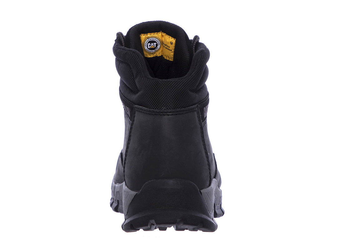 Bota de cuero negro Caterpillar con suela robusta y cordones.