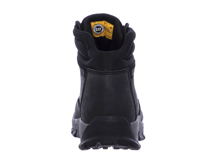 Bota de cuero negro Caterpillar con suela robusta y cordones.