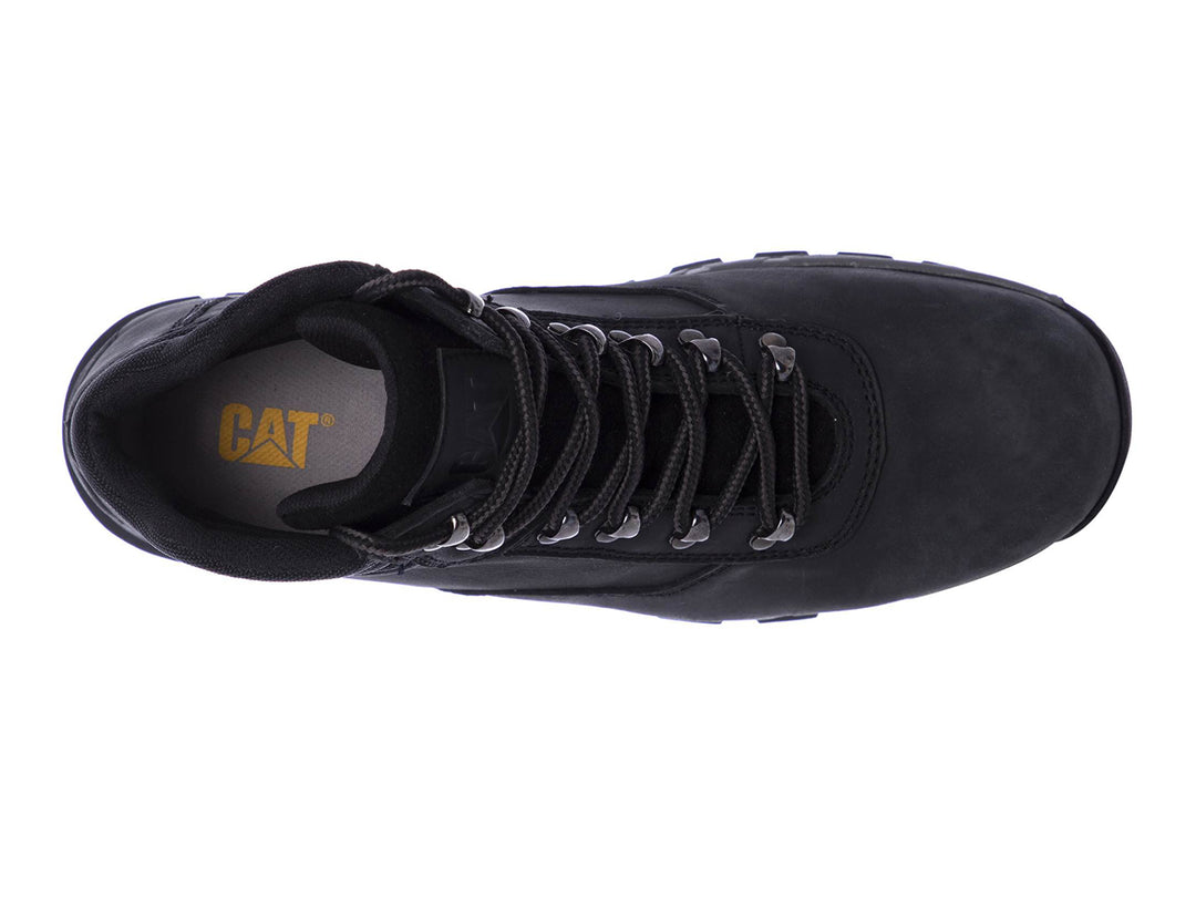 Bota de cuero negro Caterpillar con suela robusta y cordones.