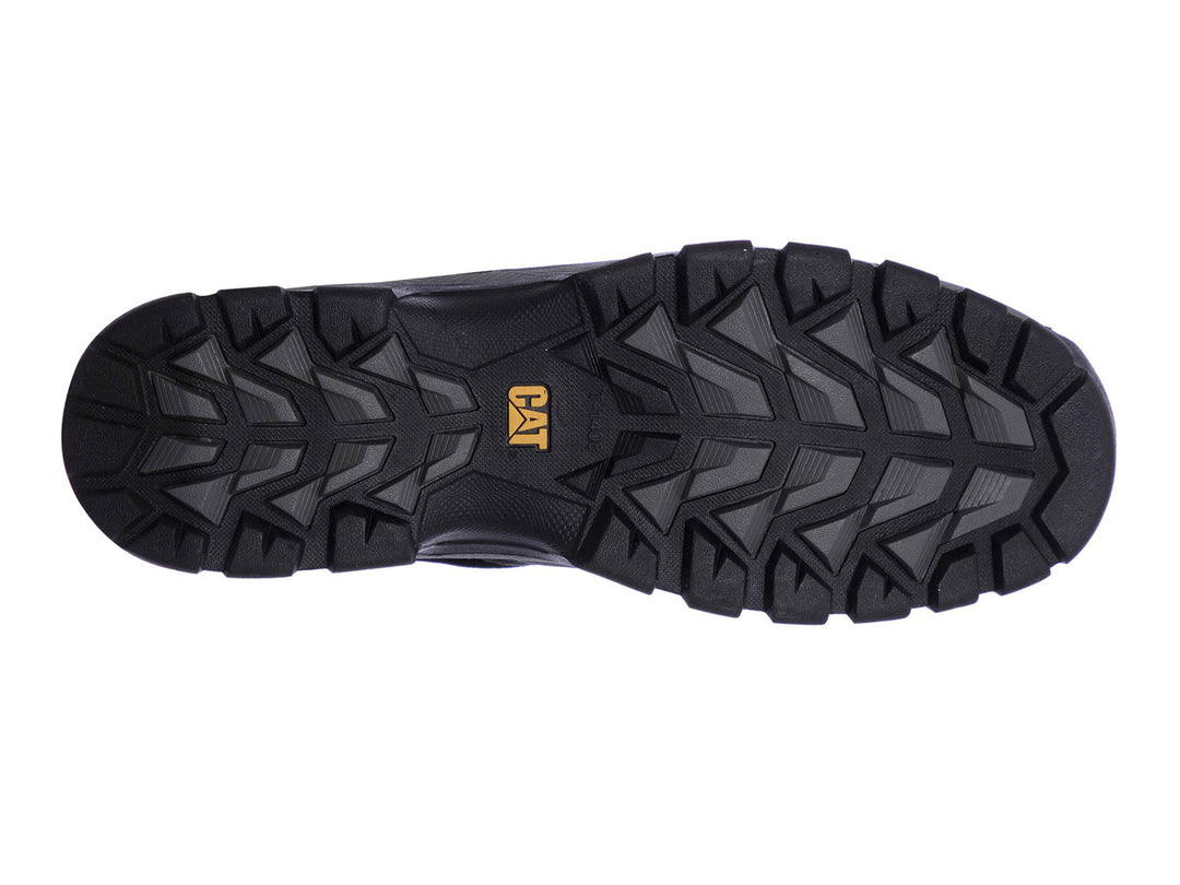 Bota de cuero negro Caterpillar con suela robusta y cordones.