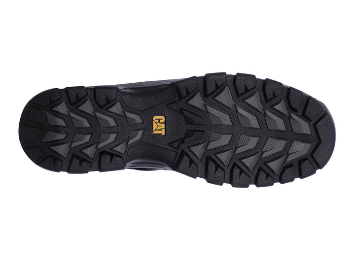 Bota de cuero negro Caterpillar con suela robusta y cordones.