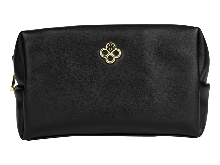 Cosmetiquera negra de Jaime Ibiza con logotipo dorado metálico en el centro.