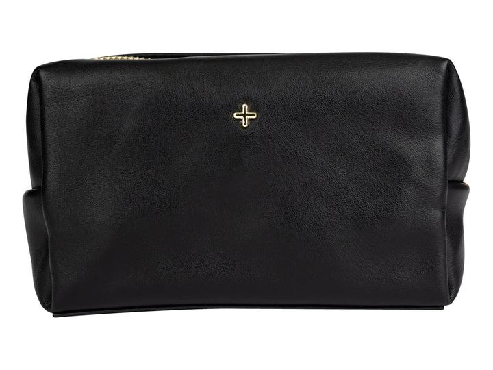 Cosmetiquera negra de Jaime Ibiza con logotipo dorado metálico en el centro.