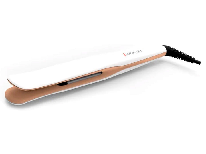 Rizador de cabello Remington color blanco con placas doradas y punta negra.