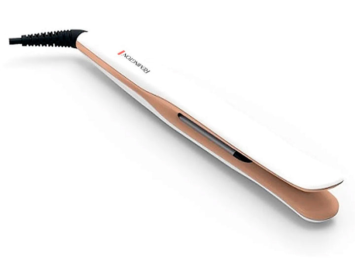 Rizador de cabello Remington color blanco con placas doradas y punta negra.