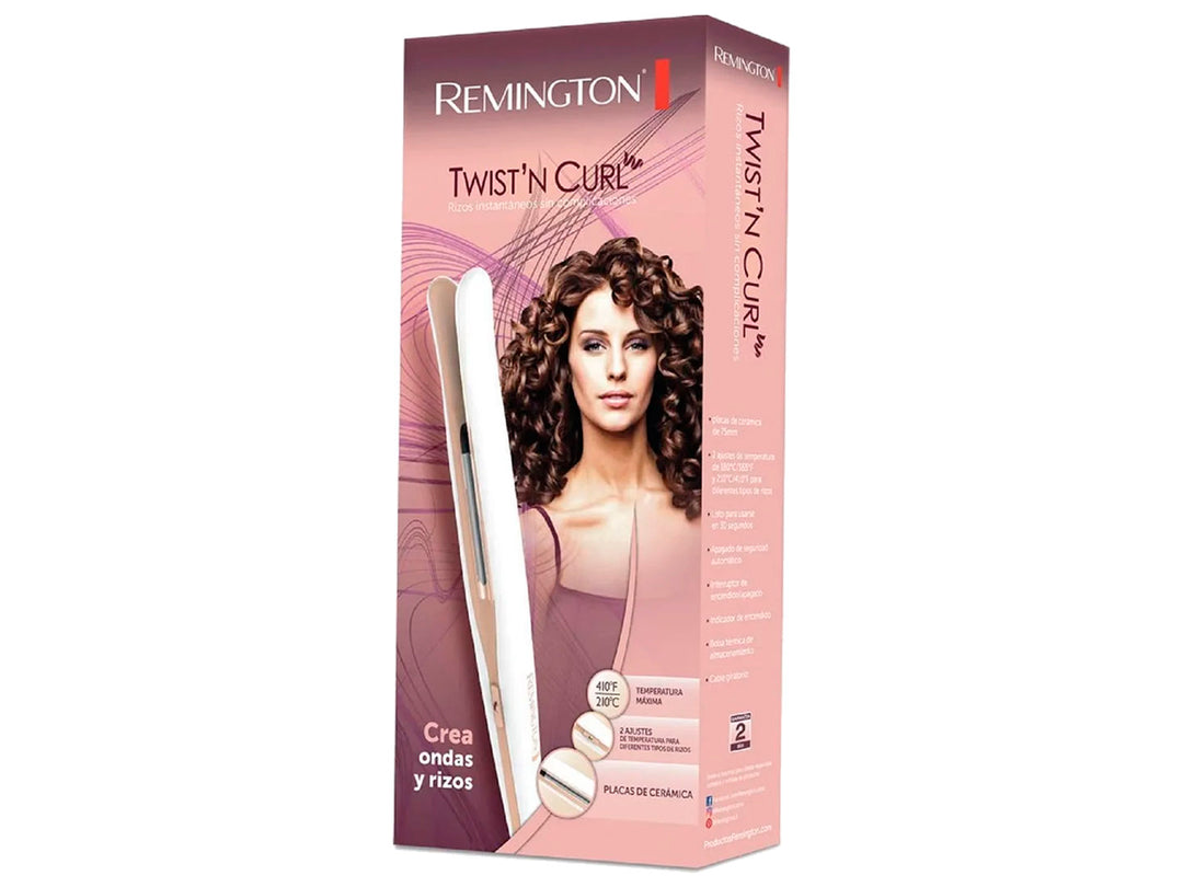 Rizador de cabello Remington color blanco con placas doradas y punta negra.
