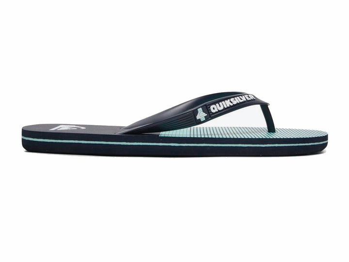 Sandalias Quiksilver color azul marino con detalles en verde neón, vista lateral.