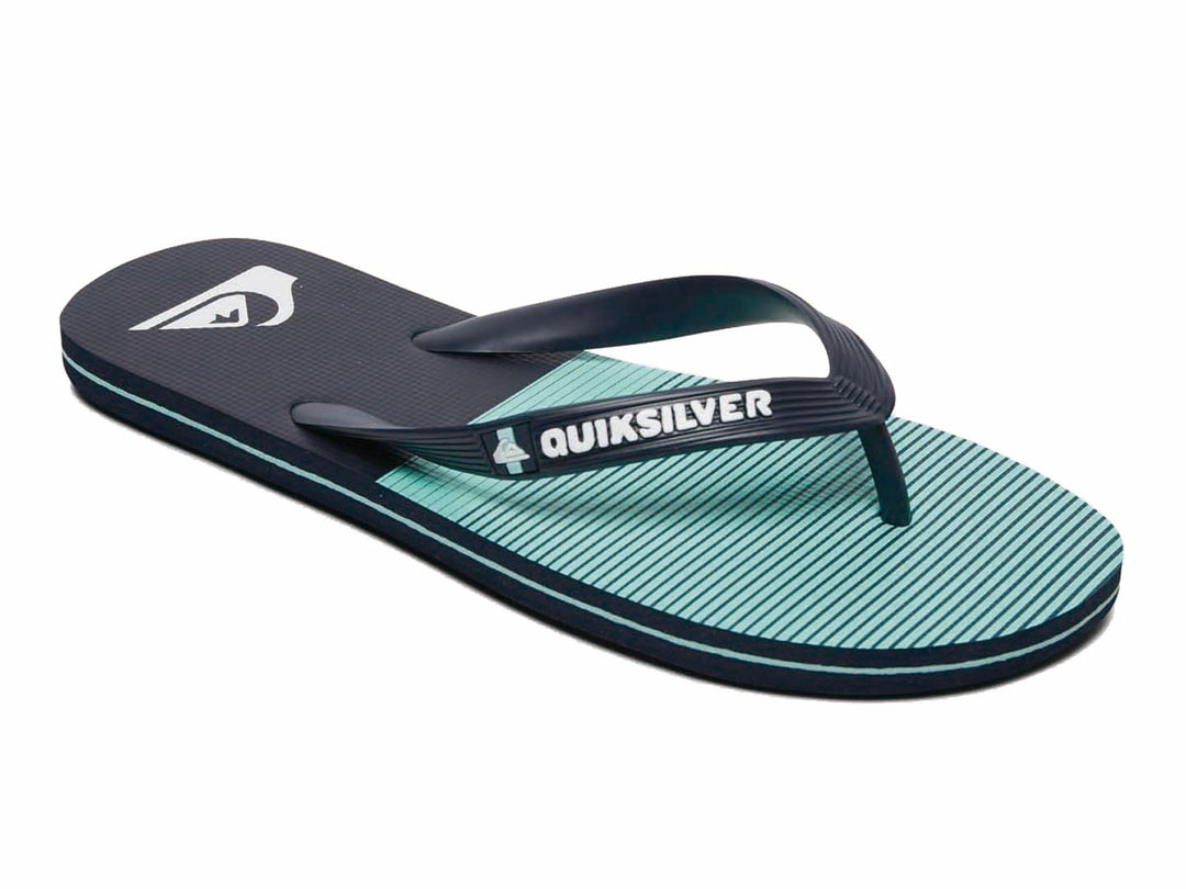Sandalias Quiksilver color azul marino con detalles en verde neón, vista lateral.