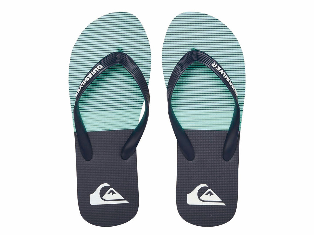 Sandalias Quiksilver color azul marino con detalles en verde neón, vista lateral.