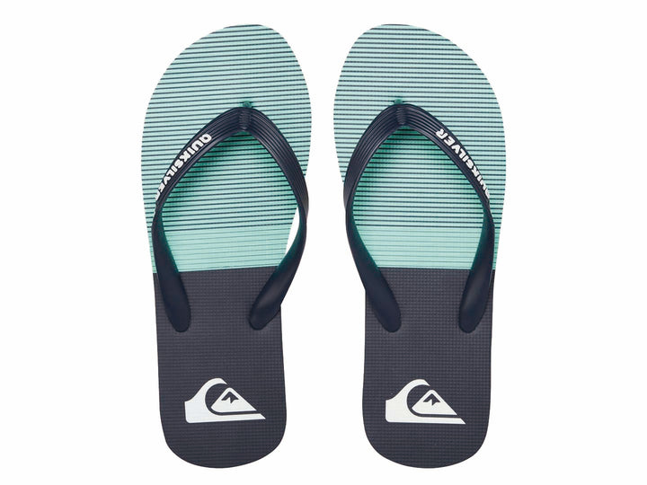 Sandalias Quiksilver color azul marino con detalles en verde neón, vista lateral.