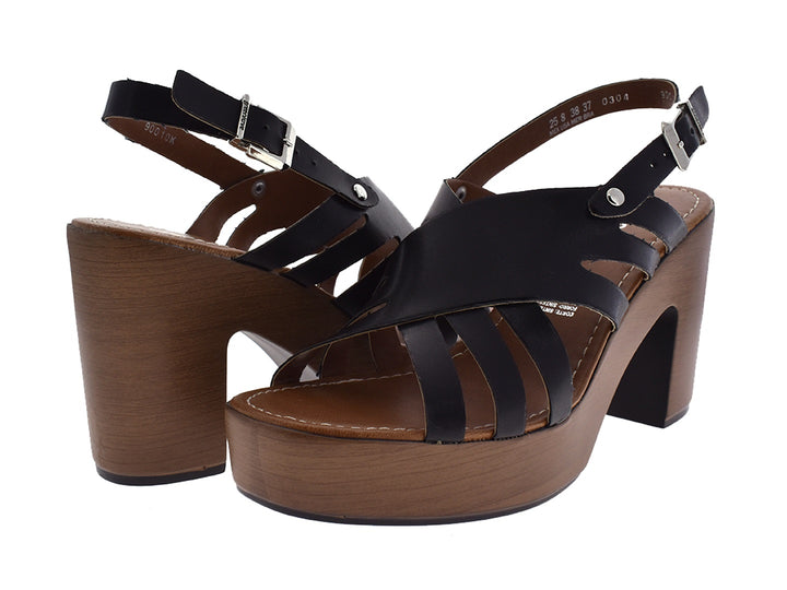 Sandalias negras de plataforma con tacón grueso color madera y correas con hebilla para mujer.