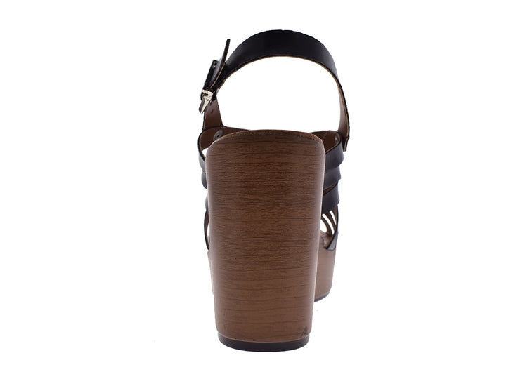 Sandalias negras de plataforma con tacón grueso color madera y correas con hebilla para mujer.