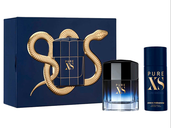 Set de fragancia Paco Rabanne Pure XS para Hombre que incluye perfume, desodorante y caja azul con serpiente dorada.
