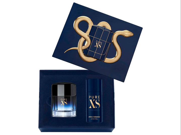 Set de fragancia Paco Rabanne Pure XS para Hombre que incluye perfume, desodorante y caja azul con serpiente dorada.