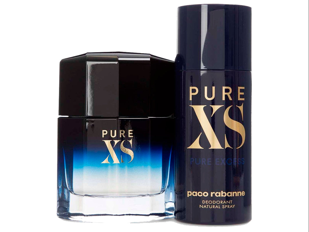 Set de fragancia Paco Rabanne Pure XS para Hombre que incluye perfume, desodorante y caja azul con serpiente dorada.