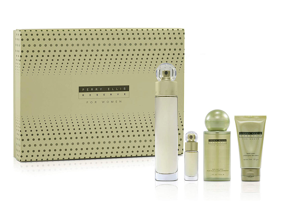 Set de fragancias Perry Ellis Reserve para Mujer en color dorado, incluye cuatro piezas y caja decorativa.