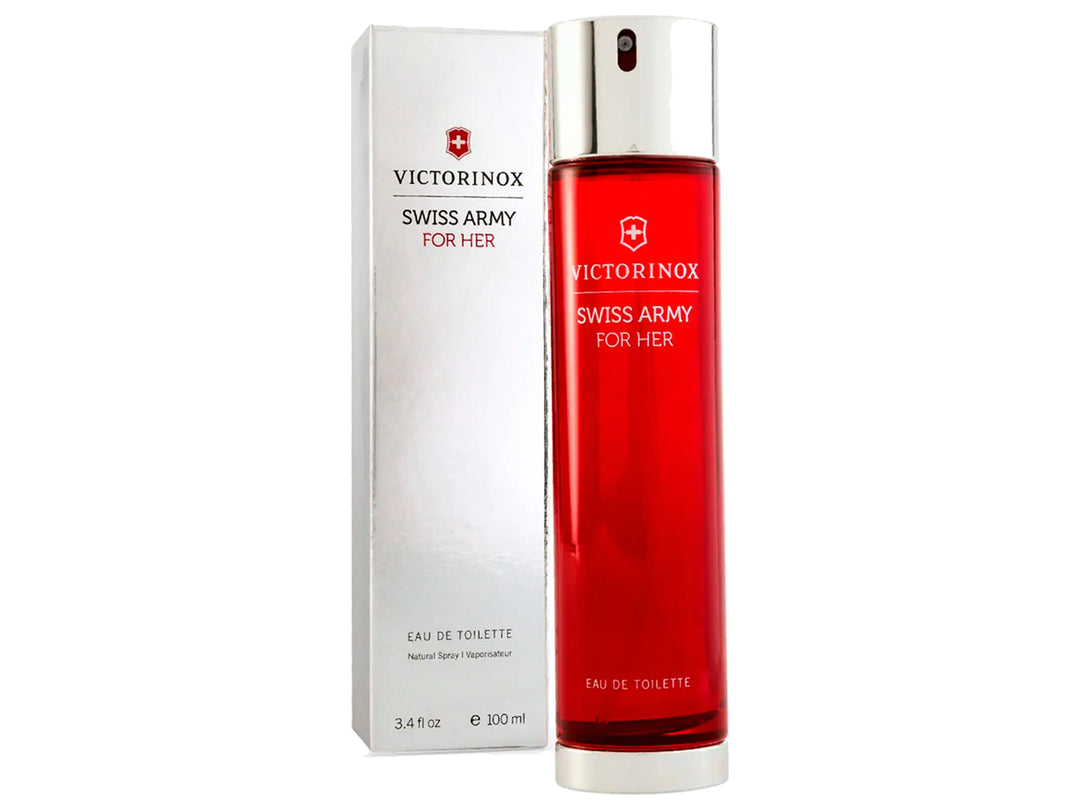 Perfume Victorinox Swiss Army For Her en frasco rojo con tapa plateada y su caja blanca.