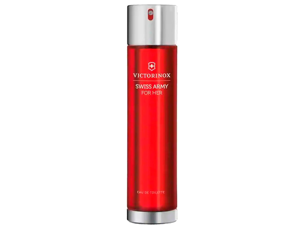 Perfume Victorinox Swiss Army For Her en frasco rojo con tapa plateada y su caja blanca.