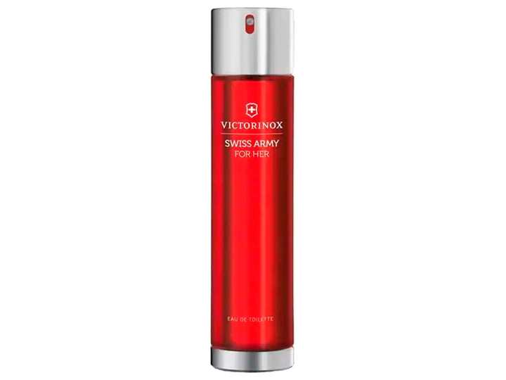 Perfume Victorinox Swiss Army For Her en frasco rojo con tapa plateada y su caja blanca.