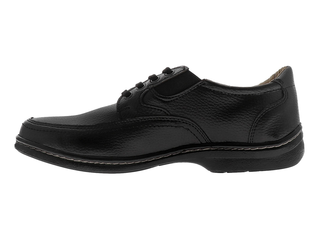 Zapato casual negro con cordones y costuras blancas decorativas en la suela.