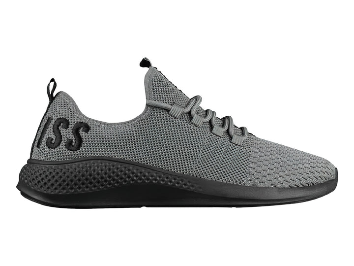 Tenis deportivos K-Swiss color gris con suela negra y acabado en tejido.