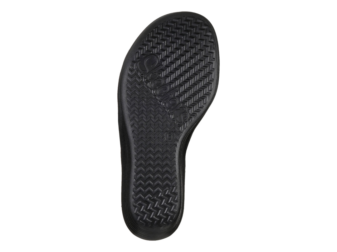 Sandalia de cuña Skechers para mujer con plataforma negra y tiras color oro rosa con detalles brillantes.