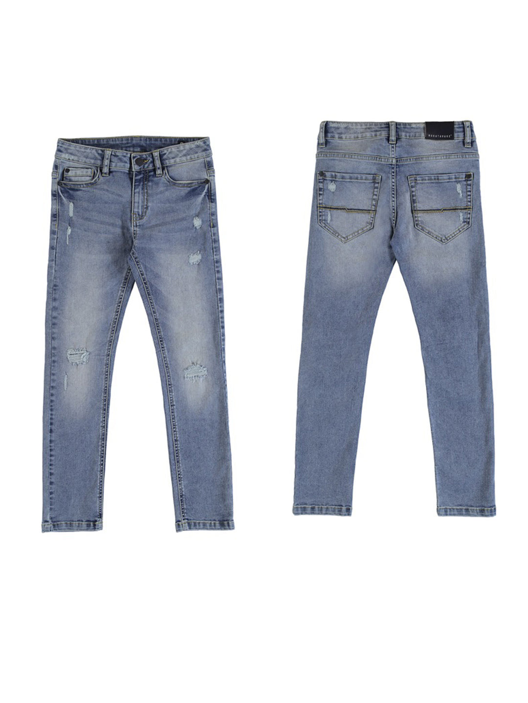 Pantalones de mezclilla azul claro para niño con detalles desgastados, vista frontal y posterior.