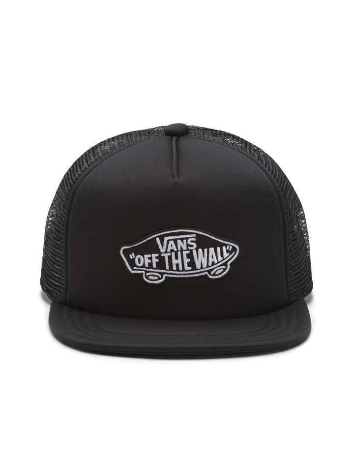 Gorra snapback negra de Vans con parche frontal blanco y paneles traseros de malla.