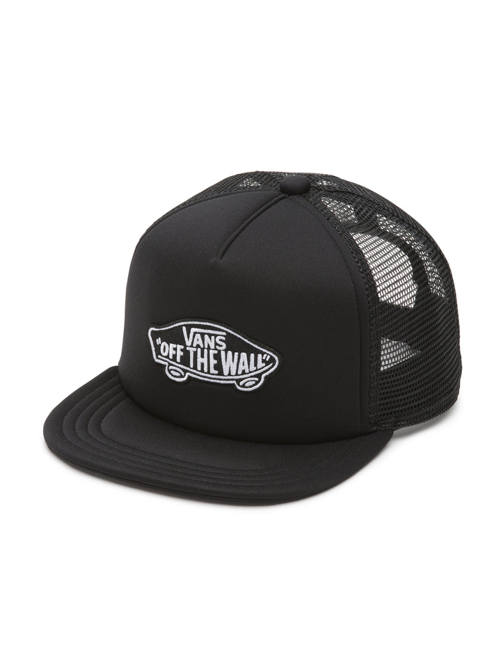 Gorra snapback negra de Vans con parche frontal blanco y paneles traseros de malla.