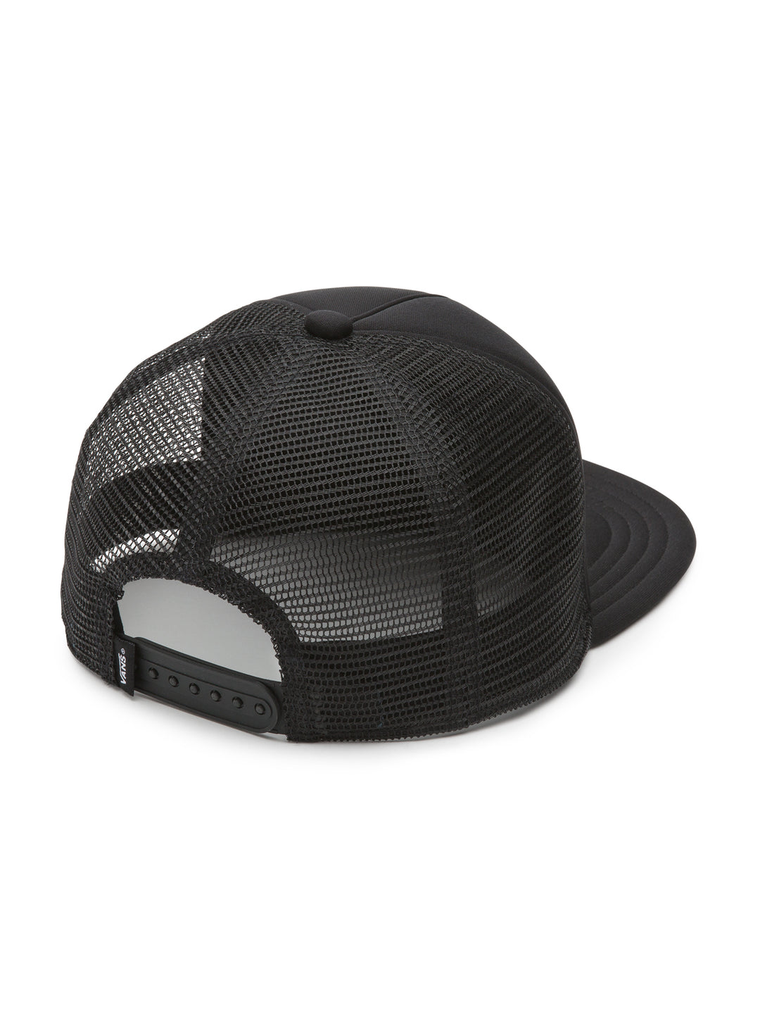 Gorra snapback negra de Vans con parche frontal blanco y paneles traseros de malla.
