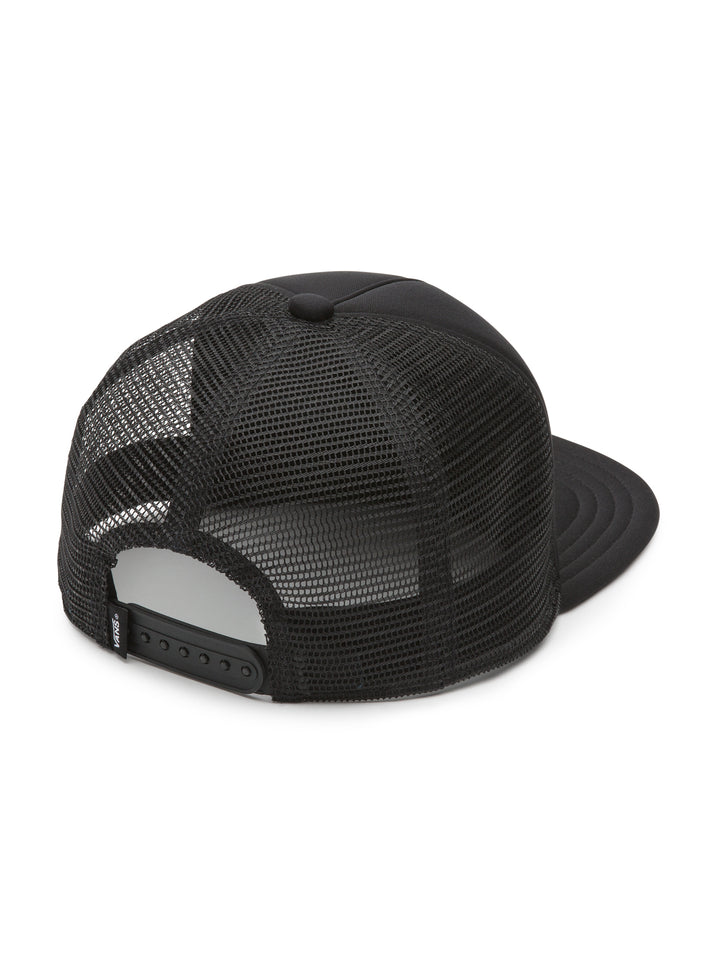 Gorra snapback negra de Vans con parche frontal blanco y paneles traseros de malla.
