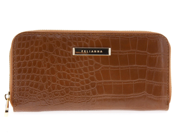 Cartera marrón Felianna con textura de piel de cocodrilo y detalles en dorado.
