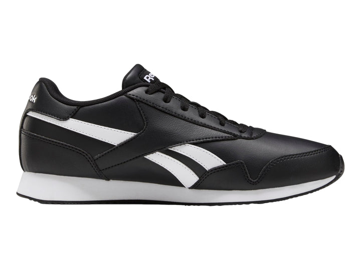 Tenis deportivos Reebok Royal CL Jogger 3 color negro con franjas y suela blanca.