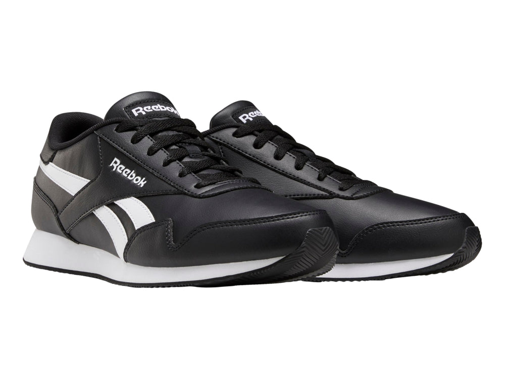 Tenis deportivos Reebok Royal CL Jogger 3 color negro con franjas y suela blanca.