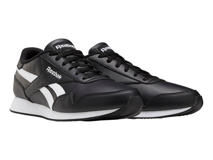 Tenis deportivos Reebok Royal CL Jogger 3 color negro con franjas y suela blanca.