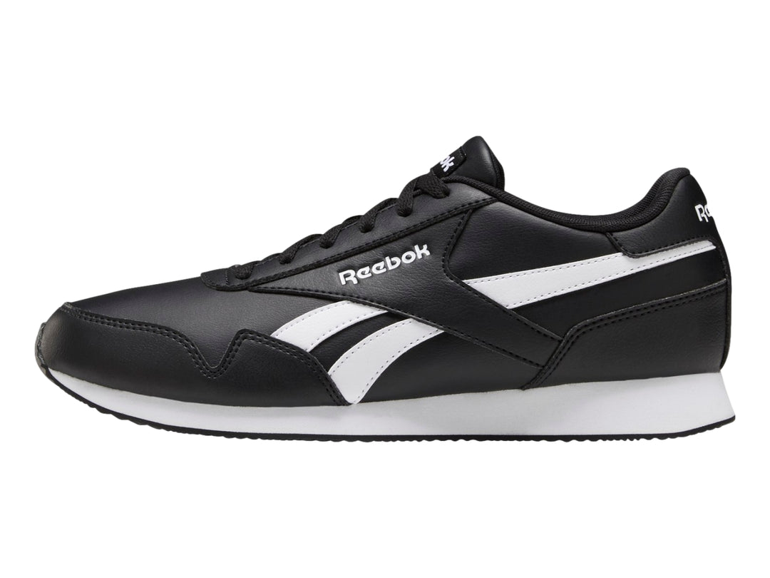 Tenis deportivos Reebok Royal CL Jogger 3 color negro con franjas y suela blanca.