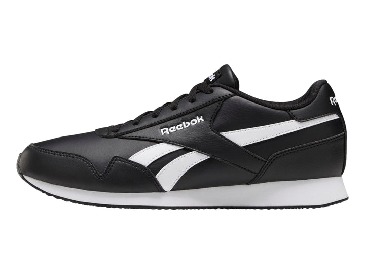 Tenis deportivos Reebok Royal CL Jogger 3 color negro con franjas y suela blanca.
