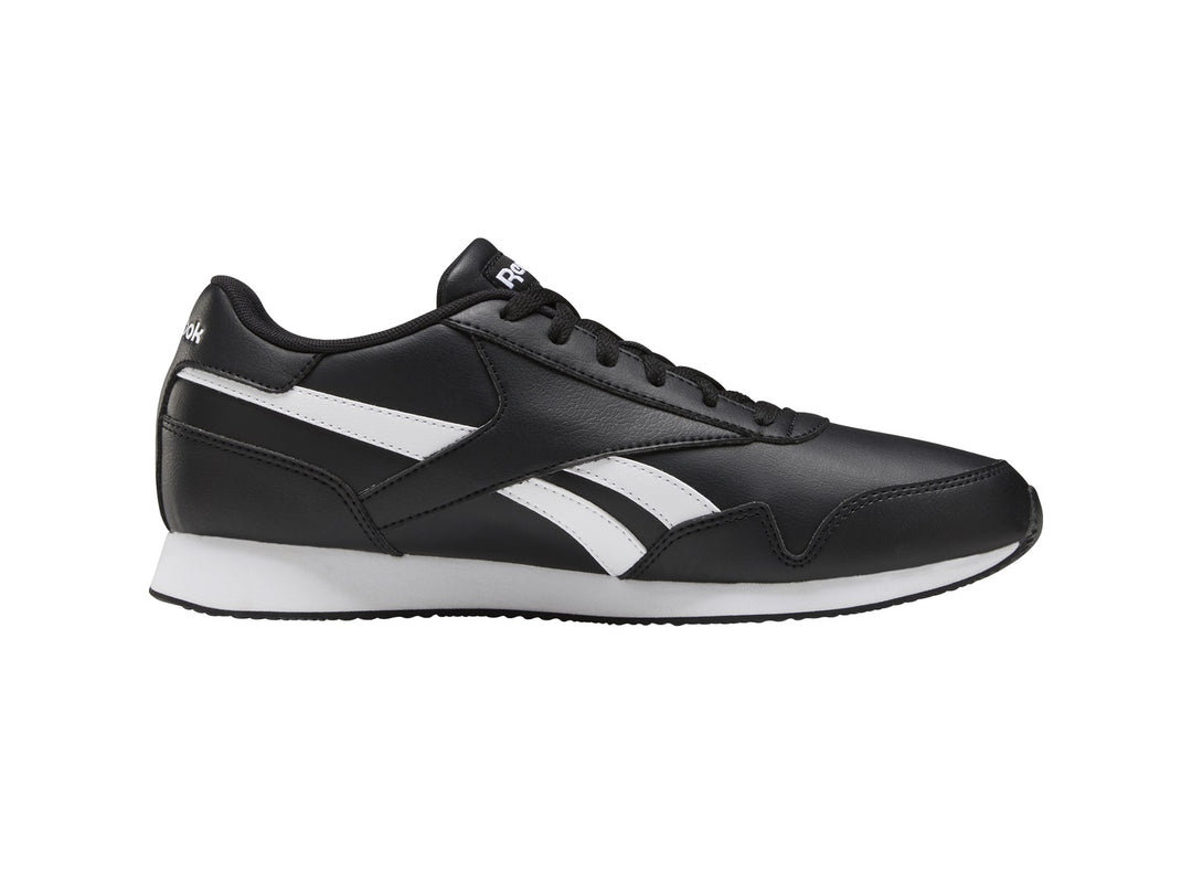 Tenis deportivos Reebok Royal CL Jogger 3 color negro con franjas y suela blanca.