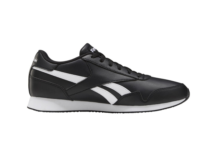 Tenis deportivos Reebok Royal CL Jogger 3 color negro con franjas y suela blanca.